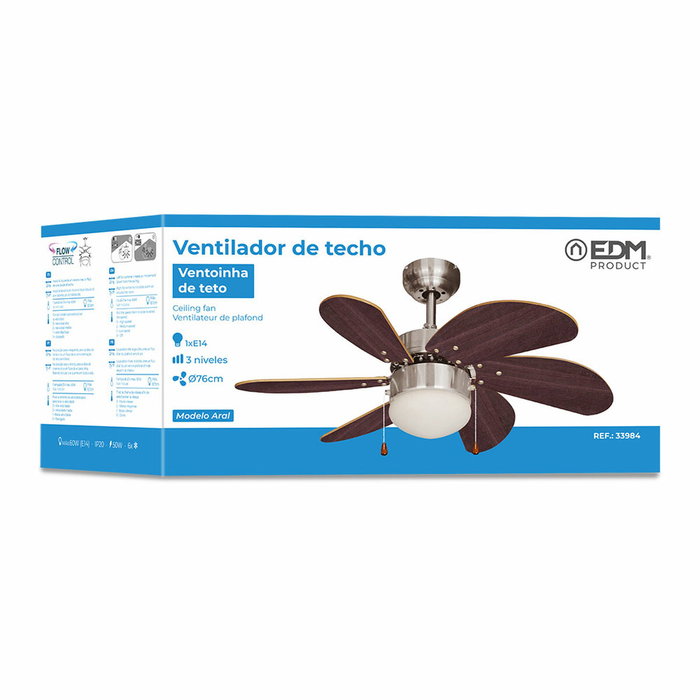 Edm Ventilador de techo Aral wengue/niquel satinado 76cm