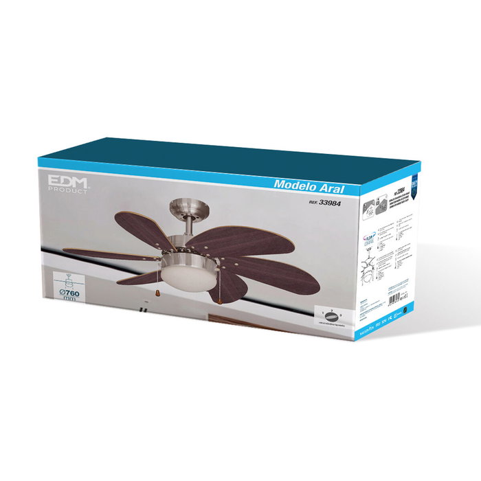 Edm Ventilador de techo Aral wengue/niquel satinado 76cm