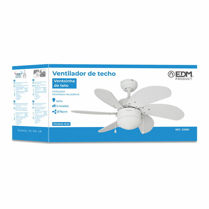 Edm Ventilador de techo Aral blanco con 6 aspas