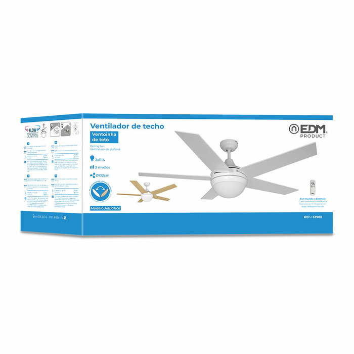Edm Ventilador de techo Adriatico blanco con 5 aspas reversibles y mando a distancia