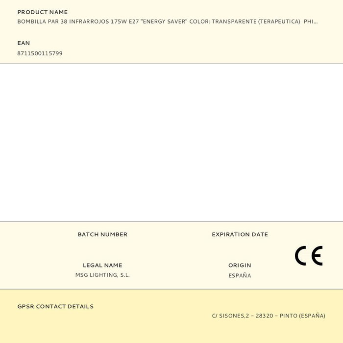 Philips Bombilla PAR 38 Infrarrojos 175W E27 Energy Saver Transparente 120° 5000h Ø12,1x13,6cm 220-240V