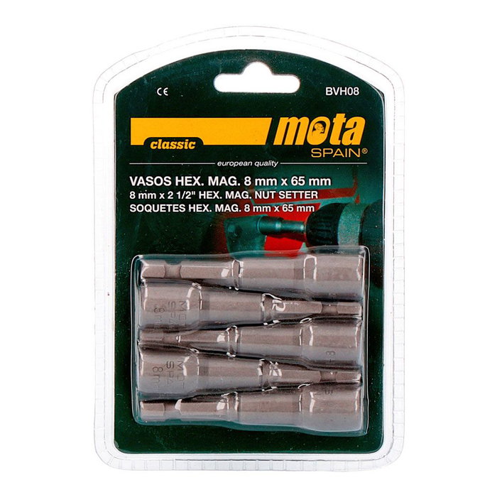 Mota Juego 5 Vasos Hexagonales Magnéticos 8mm x 65mm, Punta Bvh08 para Llave de 1/4 Pulgada, Acero Mota Juego 5 Vasos Hexagonales Magnéticos 8mm x 65mm, Punta Bvh08 para Llave de 1/4 Pulgada, Acero