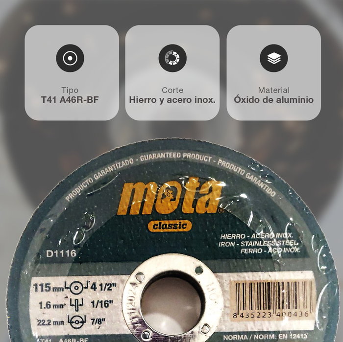 Mota Herramientas Disco de corte acero inox ø115 x 1,6 x 22,23 mm