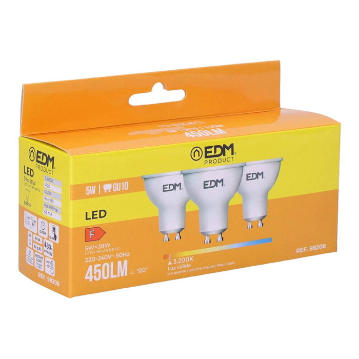 Edm Kit de 3 bombillas dicroicas LED GU10 5 W 450 lm 3200 K luz cálida