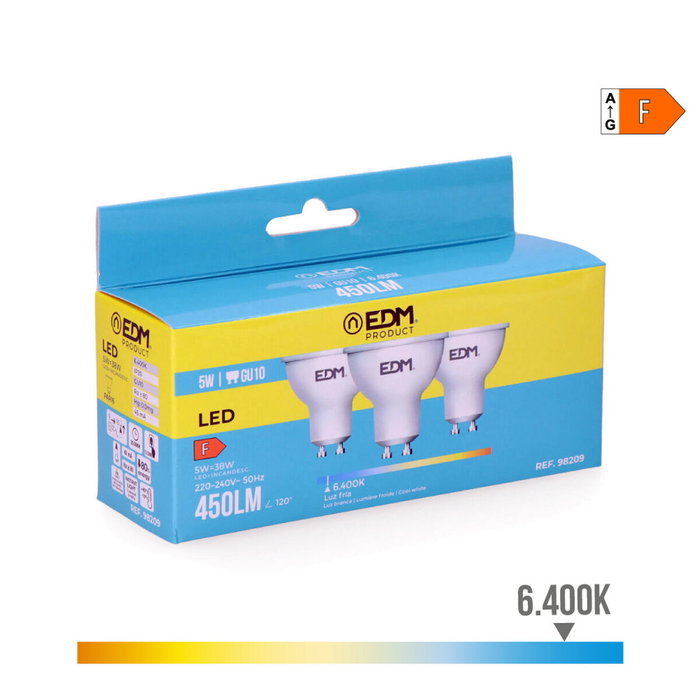 Edm Kit de 3 bombillas dicroicas LED GU10 5W 450 lm 6400K luz fría Edm Kit de 3 bombillas dicroicas LED GU10 5W 450 lm 6400K luz fría