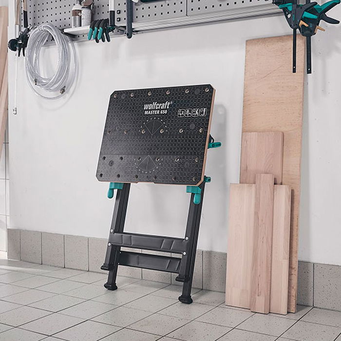 Wolfcraft Mesa de trabajo y sujeción master 650 ergo 6870000 | Altura regulable 780-950mm, Inclinable hasta 65°, Carga hasta 120kg