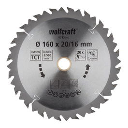 Wolfcraft 6733000 Disco de Sierra Circular de Mano Ø160 mm, 20 Dientes, Agujero 20 mm, para Cortes en Madera y Tablero