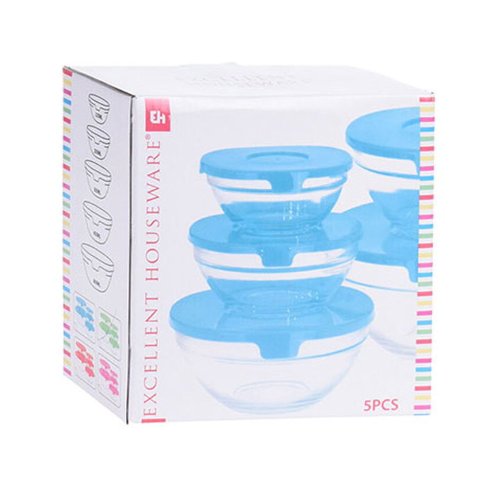 Set 5 Fiambreras de Vidrio Tipo Bol Colores Surtidos, Apto Microondas y Congelador, Capacidades Variadas