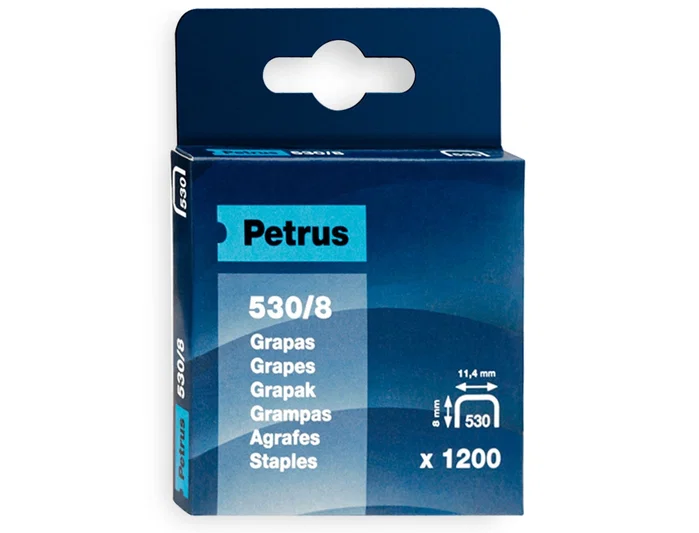 Petrus Grapas Cobreadas Modelo 530/8 de 11,4 x 8 mm, Caja de 1200 Unidades Petrus Grapas Cobreadas Modelo 530/8 de 11,4 x 8 mm, Caja de 1200 Unidades