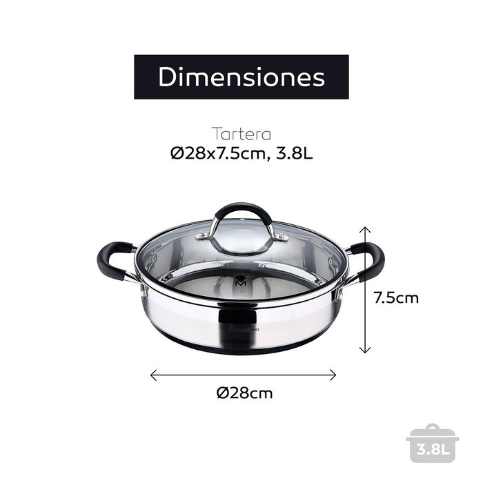 Masterpro Tartera Foodies BGMP-1503-BK Acero Inoxidable 18/10 con Tapa Ø28 x 7,5 cm 3,8L Apta Inducción