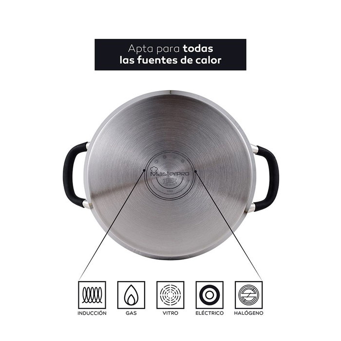 Masterpro Tartera Foodies BGMP-1503-BK Acero Inoxidable 18/10 con Tapa Ø28 x 7,5 cm 3,8L Apta Inducción