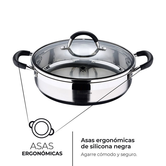 Masterpro Tartera Foodies BGMP-1503-BK Acero Inoxidable 18/10 con Tapa Ø28 x 7,5 cm 3,8L Apta Inducción