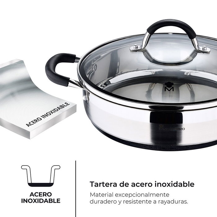 Masterpro Tartera Foodies BGMP-1503-BK Acero Inoxidable 18/10 con Tapa Ø28 x 7,5 cm 3,8L Apta Inducción
