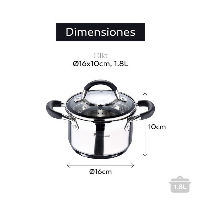Masterpro Olla BGMP-1504-BK 1,8 l Acero Inoxidable ø16x10cm Foodies Apta Inducción Gas Eléctrica Vitrocerámica Halógeno