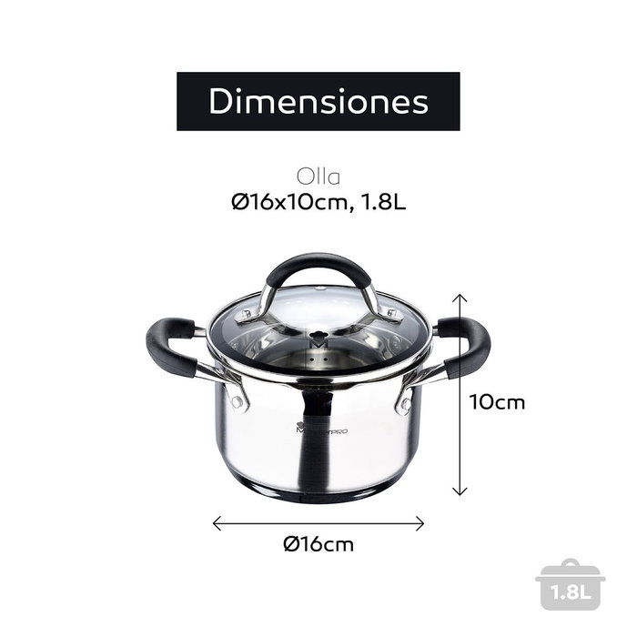 Masterpro Olla Foodies de acero inoxidable 1,8 l con tapa de vidrio
