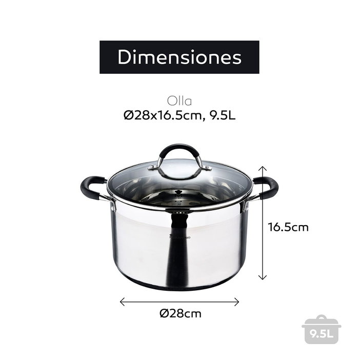 Masterpro Olla Foodies de acero inoxidable con tapa de vidrio 9,5 l