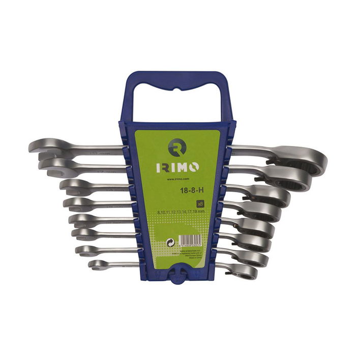 Irimo 18-8-h Juego Llaves Combinadas Carraca Fija 8-19 mm, 8 Piezas, Acero Cromado Mate