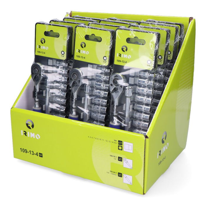 Irimo 109-13-4 Juego de Llave de Carraca y Vasos de 1/4" (13 Piezas) con Alargador y Acabado Cromado