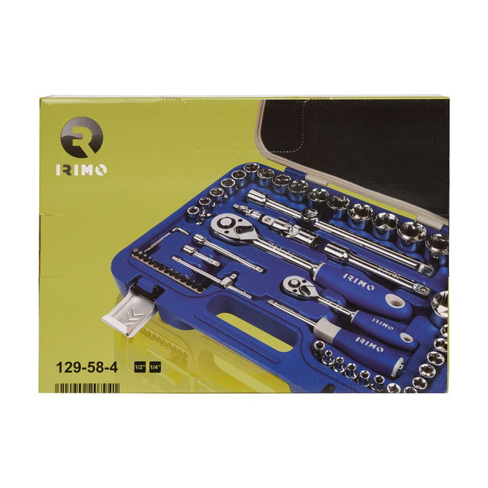 Irimo 129-58-4 Juego de Llave de Carraca y Vasos Hexagonales 1/2" y 1/4", 58 Piezas, Metálico