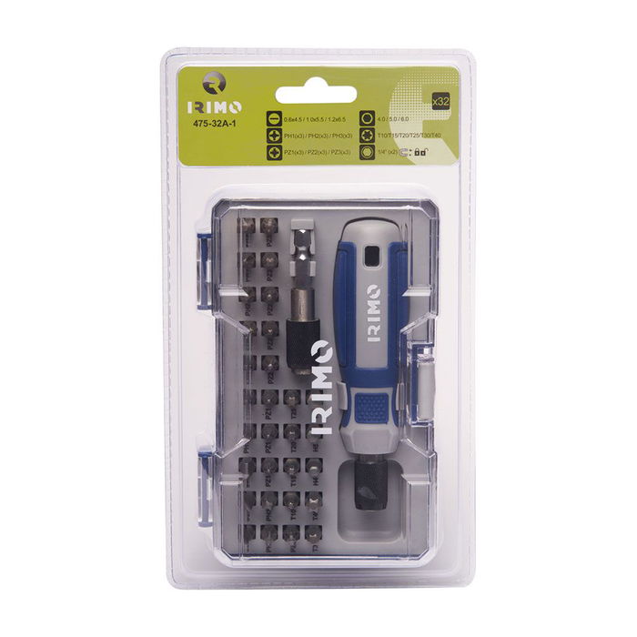 Irimo Juego de Puntas 1/4" 32 Piezas Ref. 475-32a-1 - Destornillador Portapuntas Magnético con 30 Puntas (Ranura, Phillips, Pozidriv, Torx, Hexagonal)