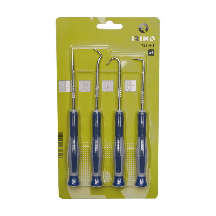 Irimo 722-4-1 Juego 4 Ganchos Para Instalar/Extraer Muelles Y Juntas Tórícas Limpiar Ranuras Mango Bi-componente Acero Carbono 170mm