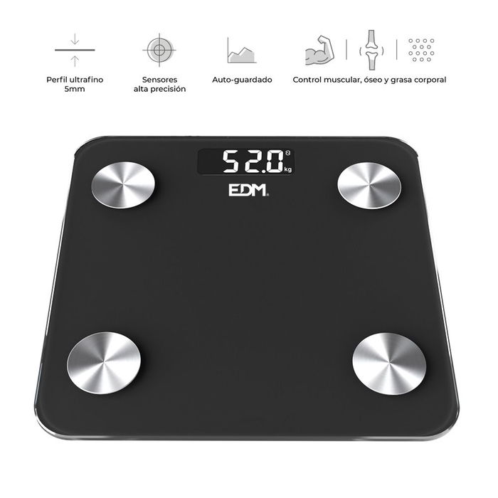 Edm Báscula de Baño Digital Inteligente Bluetooth Negra, Cuerpo Composición, Máximo 180 kg