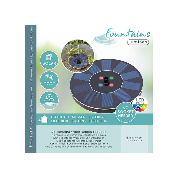 Lumineo Fuente Solar de Jardín con Luces LED RGB Cambio de Colores, IP68 Impermeable para Exterior, Ø16 x 3.5 cm Lumineo Fuente Solar de Jardín con Luces LED RGB Cambio de Colores, IP68 Impermeable para Exterior, Ø16 x 3.5 cm