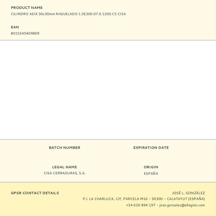 Cisa Cilindro Asix 1.0e300.07.0.1200.c5 Niquelado 30x30mm 5 Llaves