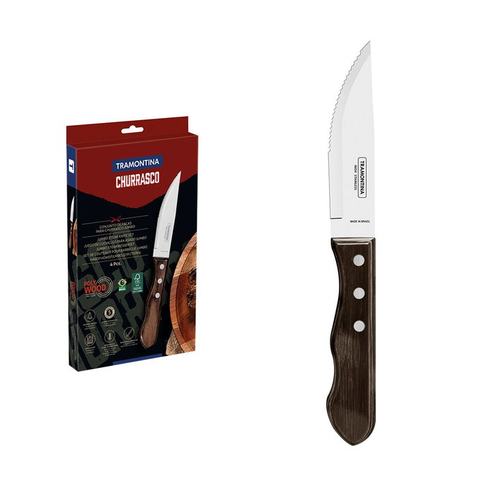 Tramontina Juego de 4 Cuchillos de Asado Jumbo con Mango Polywood Castaño, Hoja de Acero Inoxidable 12.7 cm (5")