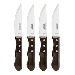 Tramontina Juego de 4 Cuchillos de Asado Jumbo con Mango Polywood Castaño, Hoja de Acero Inoxidable 12.7 cm (5")