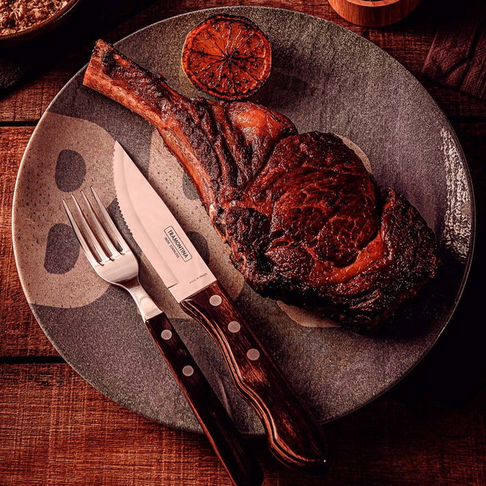 Tramontina Juego de 4 Cuchillos de Asado Jumbo con Mango Polywood Castaño, Hoja de Acero Inoxidable 12.7 cm (5")