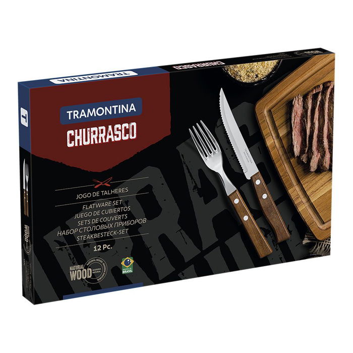 Tramontina Juego para Asado Tradicional 12 Piezas Acero Inoxidable Mangos Madera Oscura