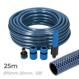 Edm Kit manguera de jardín interior Ø15 mm, 5/8 pulg, 25 m, 3 capas, azul, PVC flexible, incluye accesorios