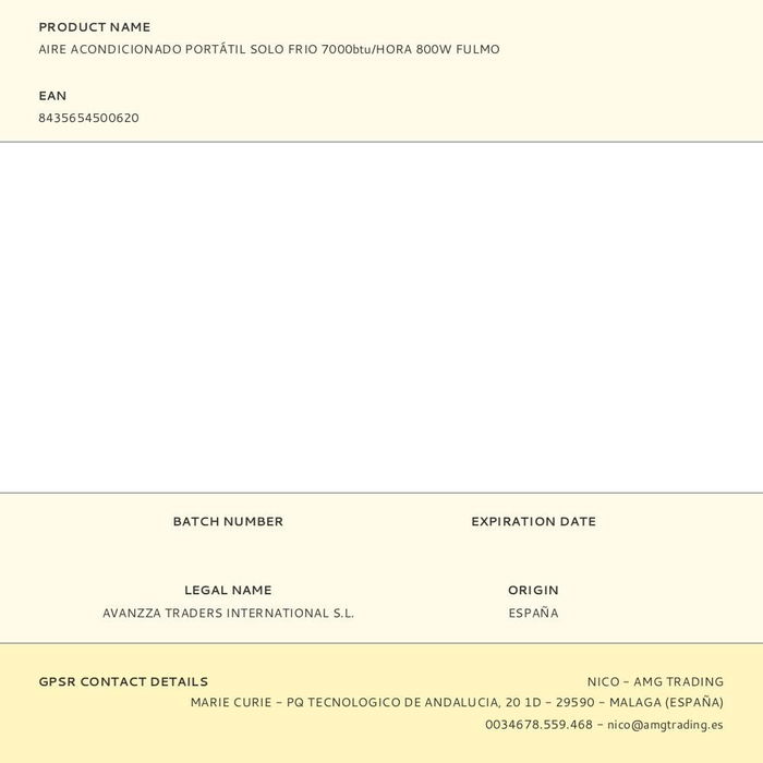 Fulmo Aire Acondicionado Portátil Solo Frío 7000 BTU/hora 800W R290