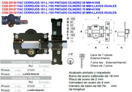 Facilidad de cerrojos 101-L / 105 pintado con cilindro de 70 mm