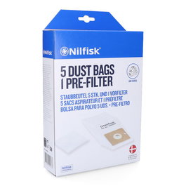 Nilfisk Bolsa de Aspirador Silex Sintética Blanca Compatible con Coupé, Go, Force 60/66, One, Compact Serie, Force 122-144 con 5 Unidades + 1 Filtro