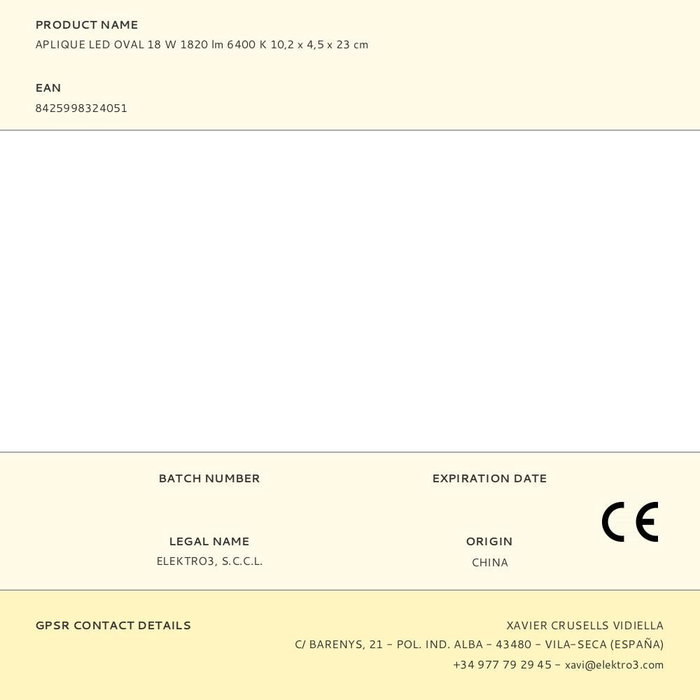 Edm Aplique LED Ovalado 18W 1820lm 6400K Luz Fría 10.2x4.5x23cm