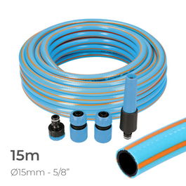 Edm Kit Manguera de Jardín Pro ø15 mm 5/8 pulg 15 m Flexible PVC 3 Capas Resistente UV Anti-algas Accesorios Incluidos