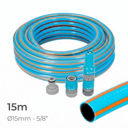 Edm Kit Manguera de Jardín Pro ø15 mm 5/8 pulg 15 m Flexible PVC 3 Capas Resistente UV Anti-algas Accesorios Incluidos