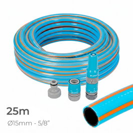 Edm Kit Manguera de Jardín Pro Ø15 mm 5/8" 25 m, PVC Flexible de 3 Capas, Presión Máxima 30 bar, Resistente a Rayos UV y Algas