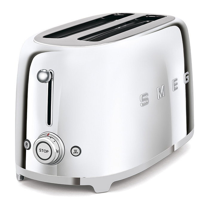 Smeg TSF02SSEU Tostador de 4 Rebanadas, Cromo, Acero Inoxidable, 1500 W, 6 Niveles, Ranura Larga, Descongelar, Recalentar