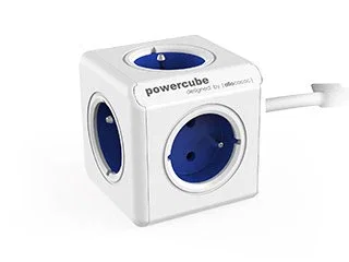 Allocacoc PowerCube Extended - Regleta de enchufes múltiples, Tipo E, 5 salidas AC, 1,5 m cable, 16A 250V, Azul, certificado CE KEMA FR, para interior