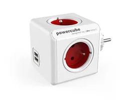 Allocacoc PowerCube Original USB Tipo E - Base Múltiple con 4 Salidas AC y 2 Puertos USB para Interior - 16A, 250V, Certificación CE - Color Rojo