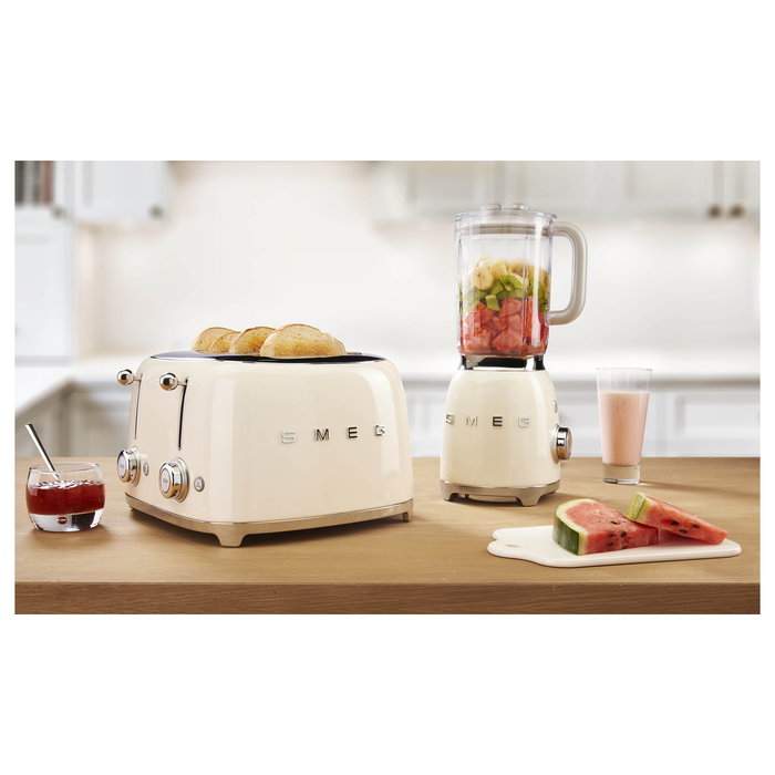 Smeg TSF03CREU Tostador de 4 Ranuras, 2000W, Color Crema, Diseño Años 50, Acero Inoxidable con Función Descongelar y Recalentar