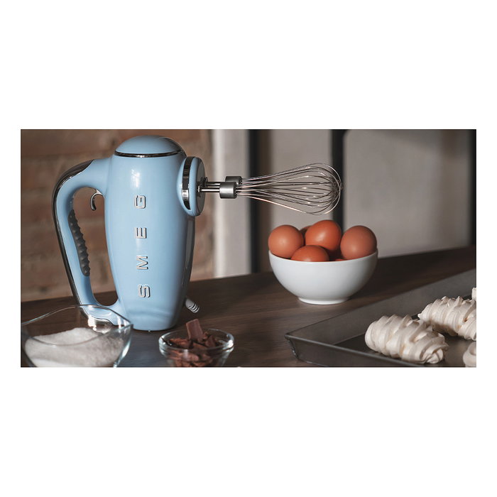 Smeg HMF01PBEU Batidora de Mano Retro 50s Azul Pastel, 250W, 9 Velocidades, Ganchos y Batidor, Aluminio y Acero Inoxidable