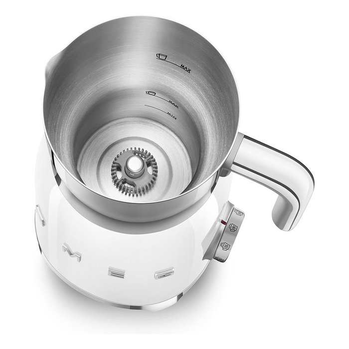 Smeg MFF11WHEU Espumador de Leche Automático 50's Style Blanco, Acero Inoxidable, 250 ml de Espuma, 0.6 L, Funciones Caliente y Fría