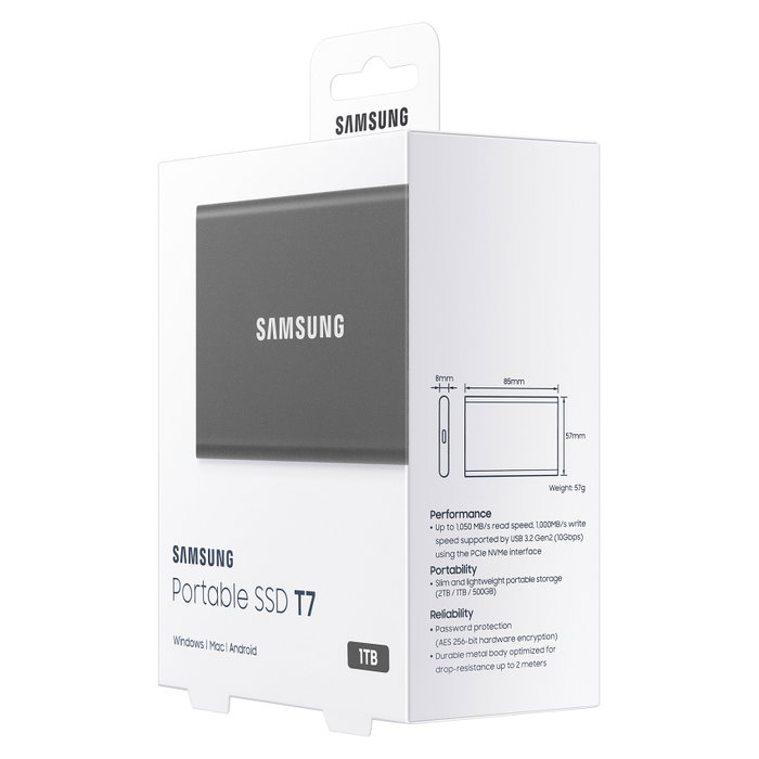 Samsung SSD T7 Portátil 1TB USB-C USB 3.2 Gen 2 Gris Titanio - Hasta 1050 MB/s, Cifrado 256-bit AES