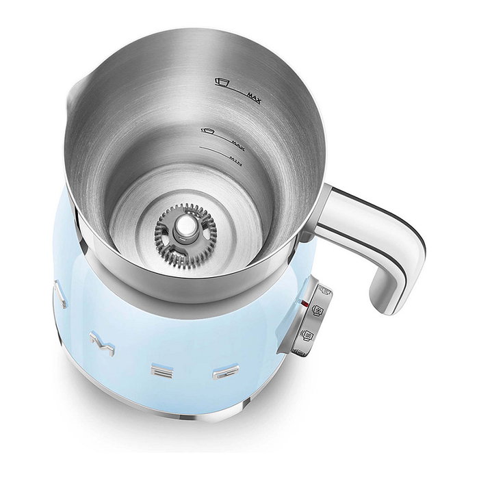 SMEG MFF11PBEU Calentador y Espumador de Leche Automático, 250 ml, 8 Funciones, Acero Inoxidable, para Leche Fría y Caliente, Color Azul Pastel Estilo Años 50
