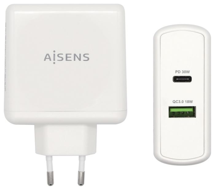 Aisens Cargador 48W con USB-C PD3.0 30W y USB-A QC3.0 18W Blanco