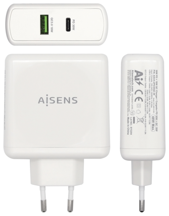 Aisens Cargador 48W con USB-C PD3.0 30W y USB-A QC3.0 18W Blanco